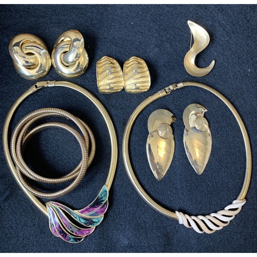 Vintage 80s Runway Gold Tone Jewelry Lot Snake Chain Enamel Statement Earrings
